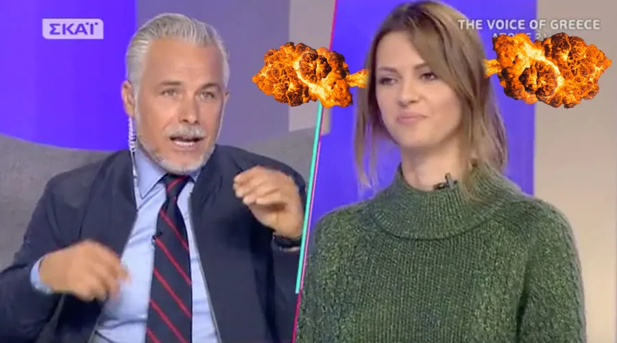 Ο Χάρης Χριστόπουλος και η Ραμόνα Βλαντή σε τηλεοπτικό πλατό με εφέ εκρήξεων.