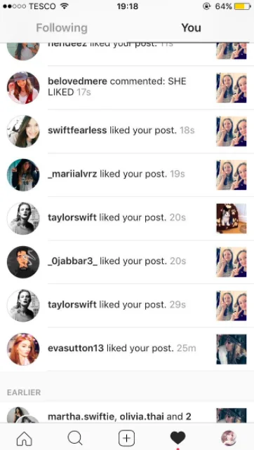 Στιγμιότυπο οθόνης από ειδοποιήσεις στο Instagram όπου η Taylor Swift έχει κάνει like σε αναρτήσεις θαυμαστών.