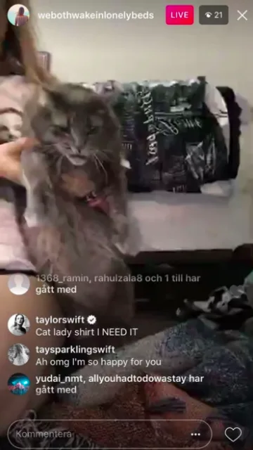 Στιγμιότυπο από Instagram Live με σχόλιο της Taylor Swift για μια γάτα.