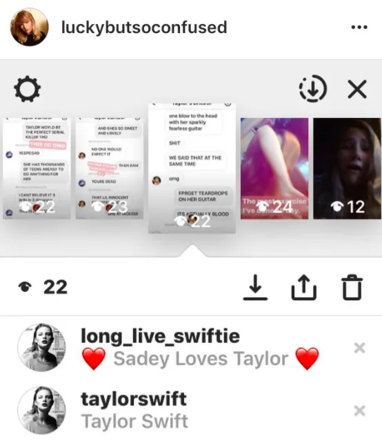 Στιγμιότυπο οθόνης από Instagram Stories που δείχνει τη λίστα θεατών με το προφίλ της Taylor Swift.