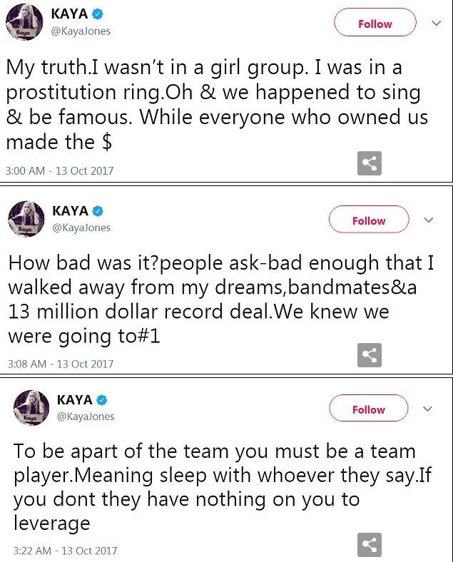 Στιγμιότυπα από τρία tweets της Kaya Jones σχετικά με τις Pussycat Dolls.