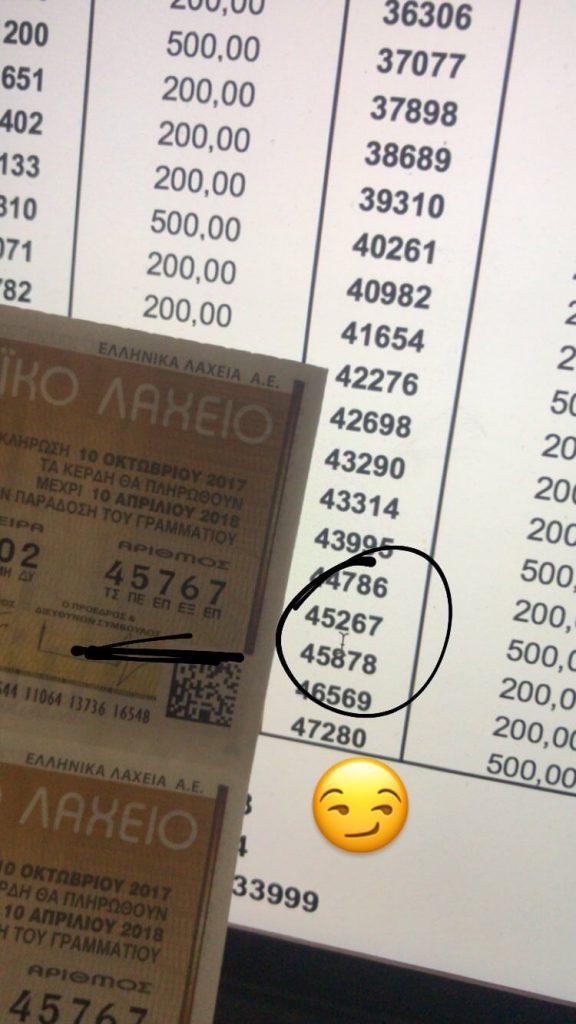 Λαχείο της Κωνσταντίνας Σπυροπούλου δίπλα σε λίστα με τυχερούς αριθμούς.