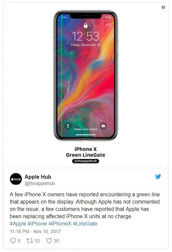 iPhone X με πράσινη γραμμή στην οθόνη και σχετική ανάρτηση στο Twitter.