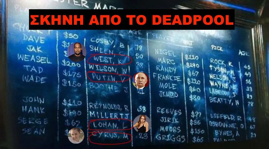 Πίνακας στοιχημάτων από την ταινία Deadpool με ονόματα διασήμων.