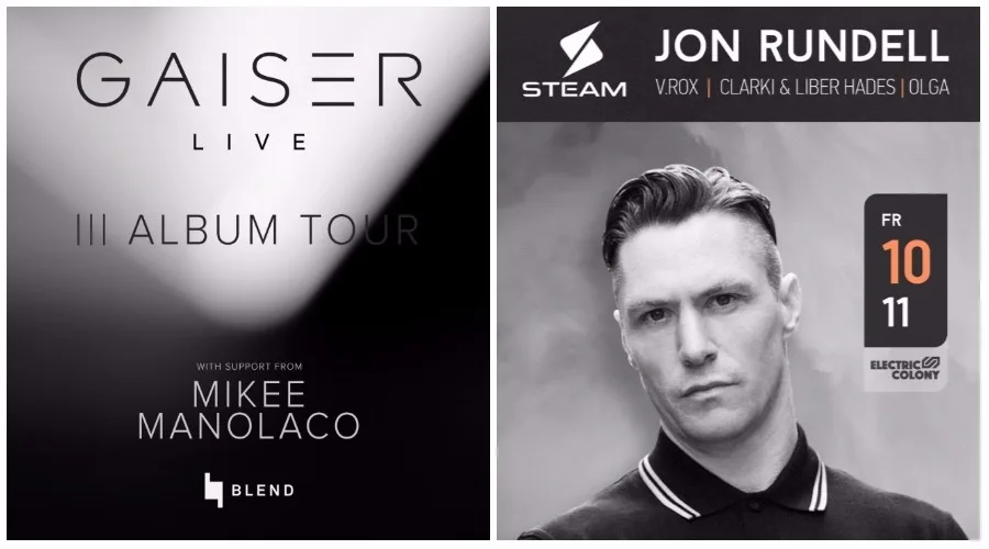 Αφίσες για τις εμφανίσεις των Jon Rundell και Gaiser στο Steam.
