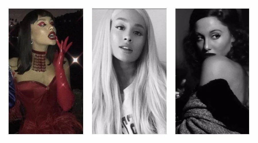 Κολάζ με τρία διαφορετικά hair looks της Ariana Grande για το Halloween.
