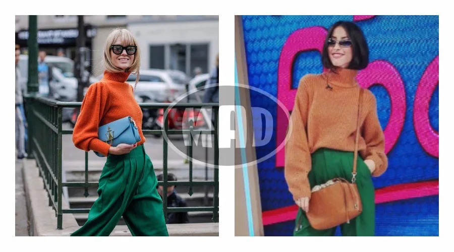 Σύγκριση δύο παρόμοιων outfit με πορτοκαλί ζιβάγκο και πράσινο παντελόνι.