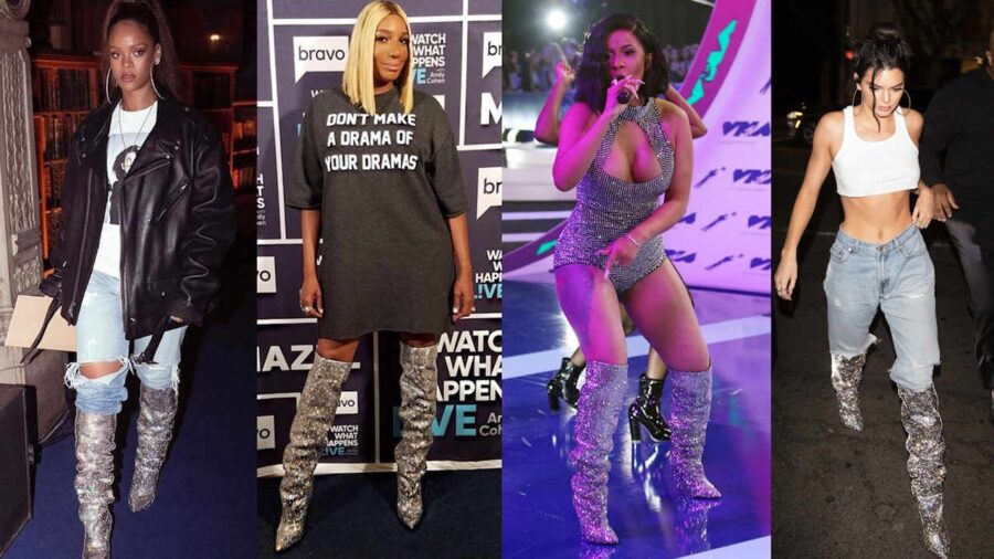 Κολάζ με τις Rihanna, NeNe Leakes, Cardi B και Kendall Jenner να φορούν τις ίδιες αστραφτερές μπότες.