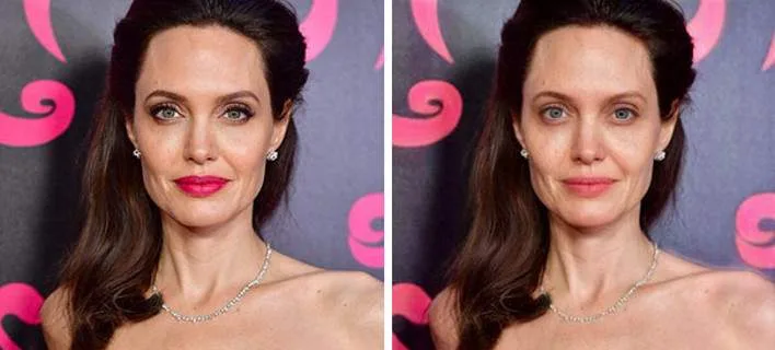 Σύγκριση της Angelina Jolie με και χωρίς μακιγιάζ.