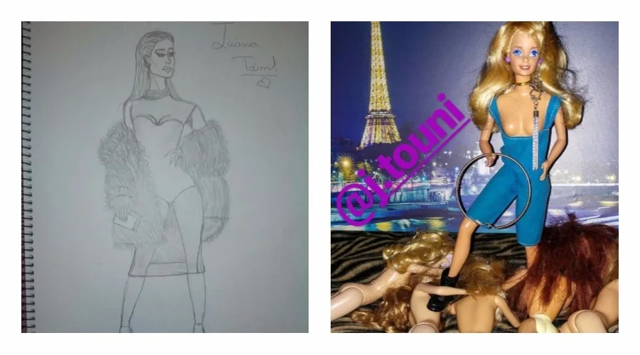 Σκίτσο γυναίκας και κούκλα Barbie σε κολάζ φωτογραφιών.