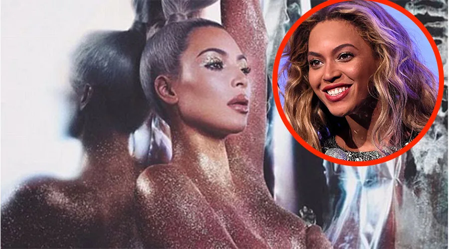 Η Kim Kardashian με γκλίτερ στο σώμα και η Beyonce σε ένθετη φωτογραφία.