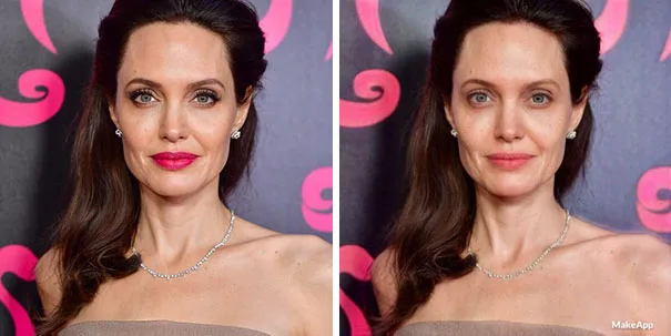 Η Angelina Jolie σε σύγκριση πριν και μετά την αφαίρεση μακιγιάζ μέσω εφαρμογής.