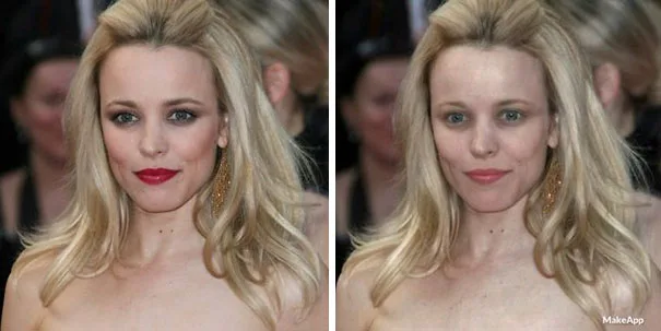 Σύγκριση φωτογραφίας της Rachel McAdams με και χωρίς μακιγιάζ.