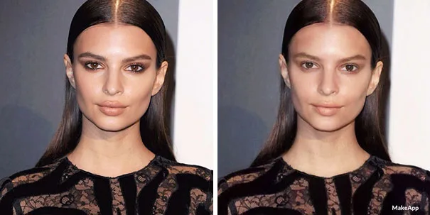 Σύγκριση φωτογραφιών της Emily Ratajkowski με και χωρίς μακιγιάζ.