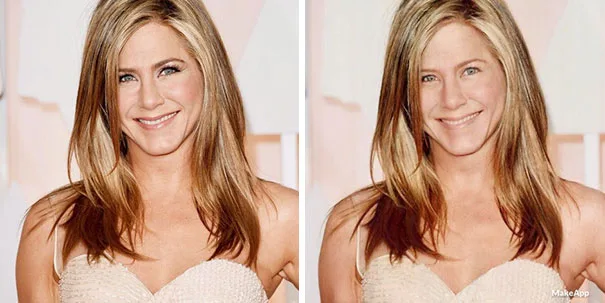 Η Jennifer Aniston σε σύγκριση πριν και μετά την αφαίρεση μακιγιάζ μέσω εφαρμογής.