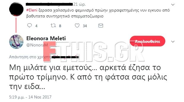 Στιγμιότυπο από το Twitter με διάλογο της Ελεονώρας Μελέτη και ενός χρήστη.