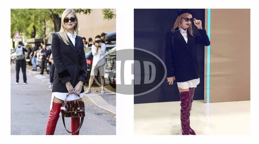 Σύγκριση δύο παρόμοιων outfit με μαύρο σακάκι, λευκό πουκάμισο και ψηλές μπότες πάνω από το γόνατο.