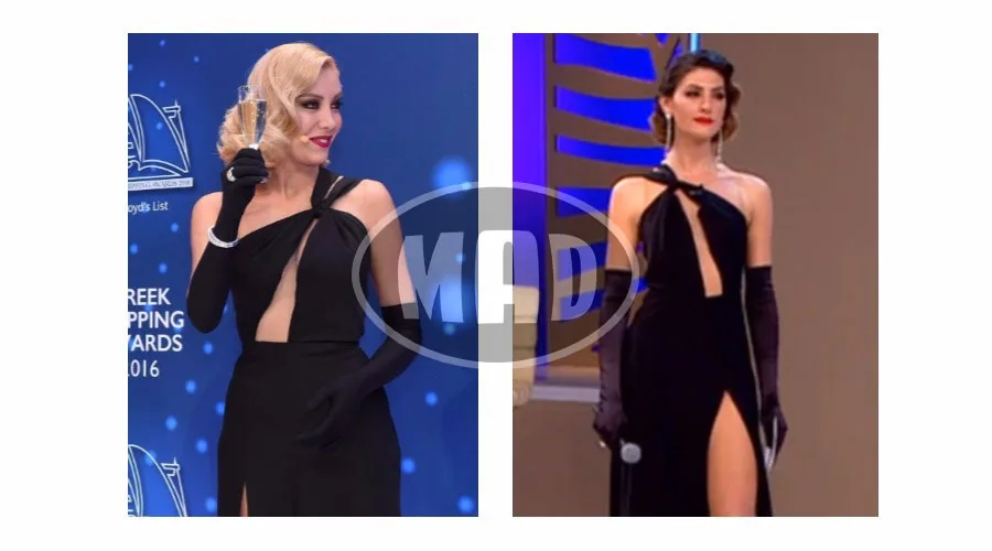 Κολάζ με δύο γυναίκες που φορούν το ίδιο μαύρο φόρεμα με σκίσιμο και γάντια.