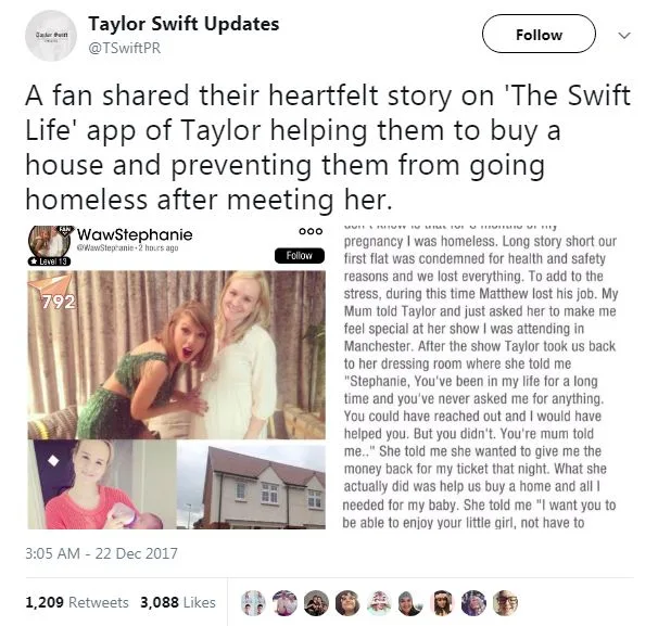 Στιγμιότυπο από το Twitter που δείχνει την Taylor Swift με θαυμάστριά της και ένα σπίτι.