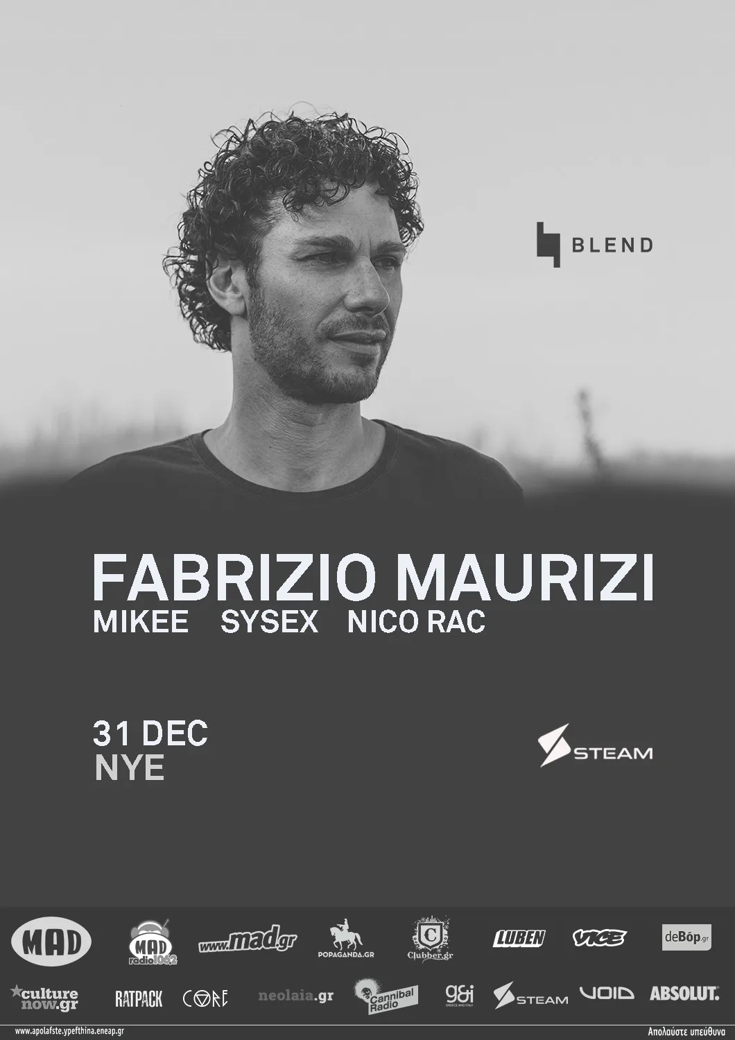 Αφίσα για το Blend NYE event στο Steam με τον Fabrizio Maurizi.