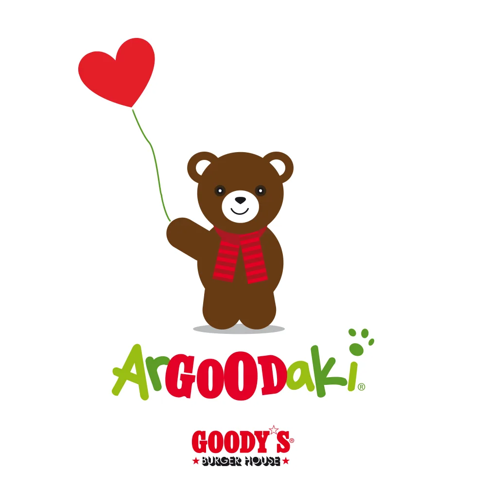 Λογότυπο ArGOODaki των Goody’s Burger House με αρκουδάκι που κρατά μπαλόνι καρδιά.