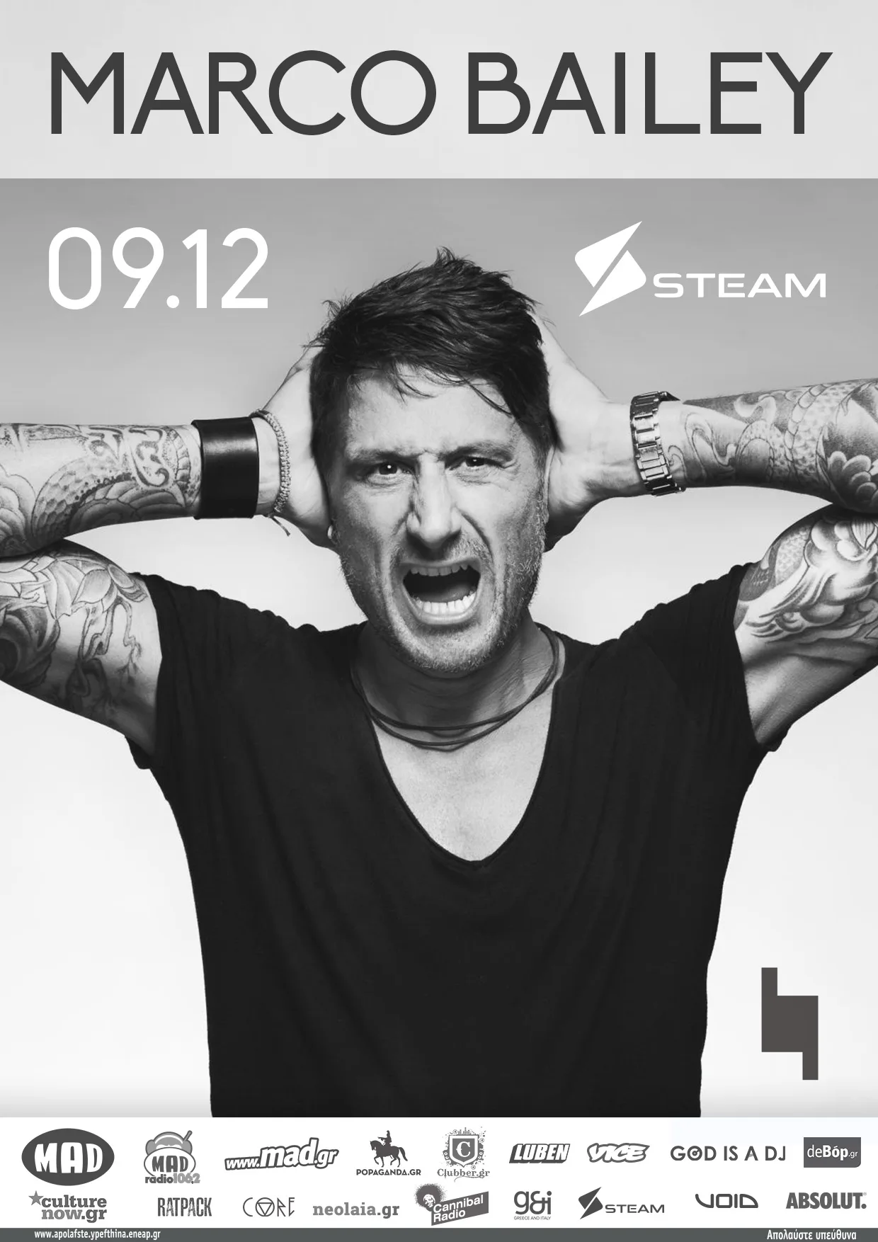 Ασπρόμαυρη αφίσα του Marco Bailey για εμφάνιση στο Steam.