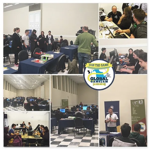 Κολάζ φωτογραφιών από το Global Game Jam Athens με συμμετέχοντες να εργάζονται σε υπολογιστές.