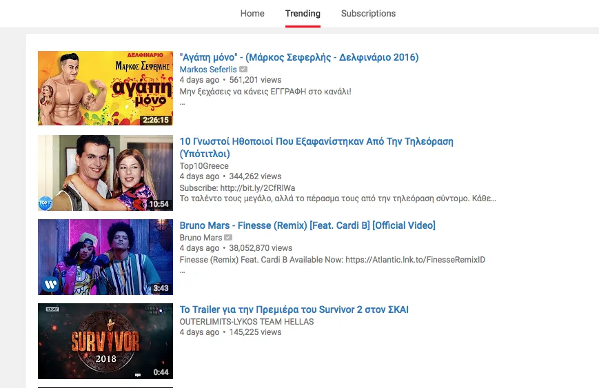 Στιγμιότυπο από τα Trending βίντεο του YouTube με την παράσταση του Μάρκου Σεφερλή στην κορυφή.