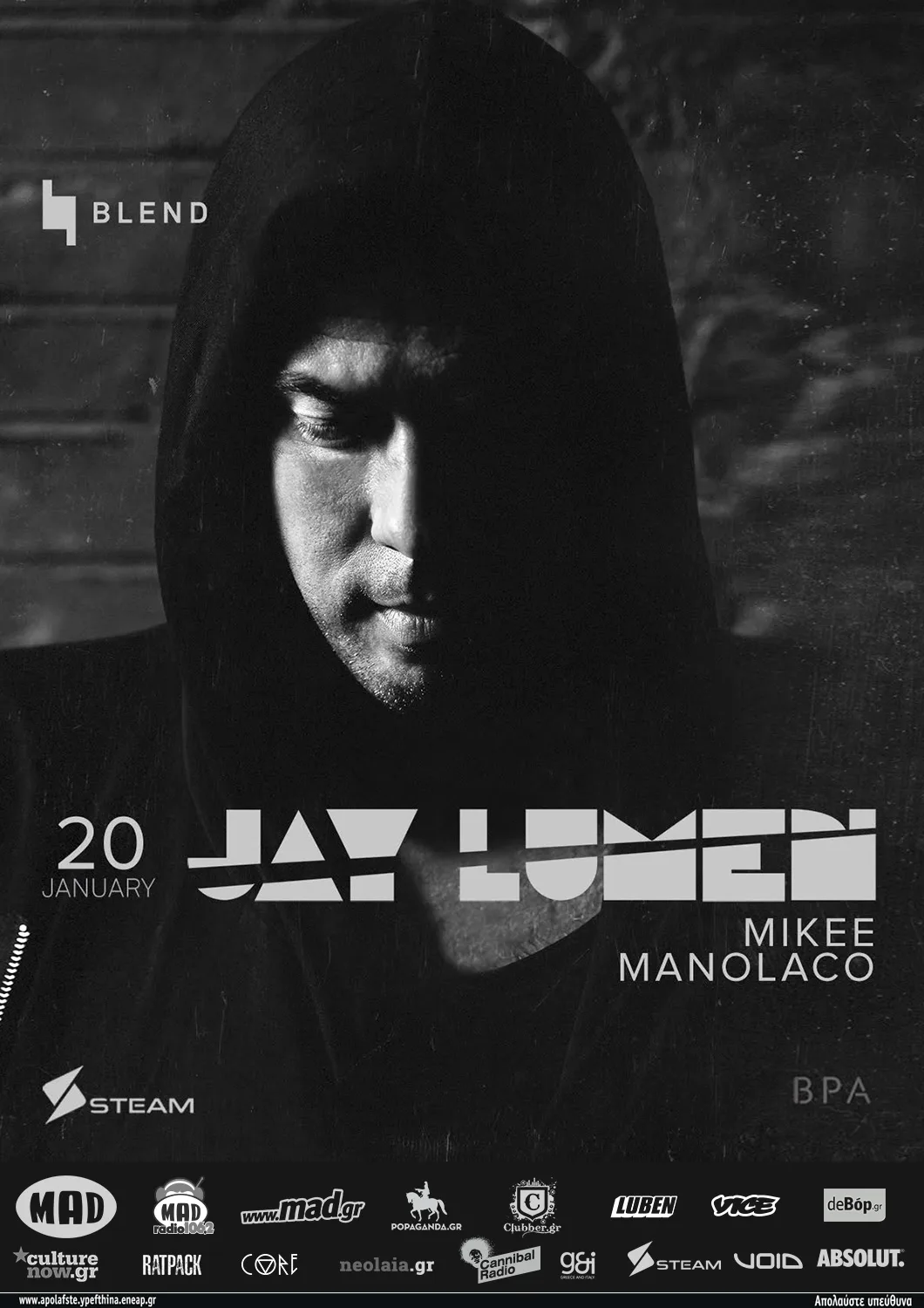 Ασπρόμαυρη αφίσα του Jay Lumen για την εμφάνισή του στο Steam.