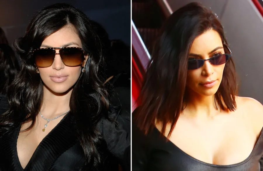 Η Kim Kardashian σε δύο διαφορετικές περιόδους με διαφορετικά στυλ γυαλιών ηλίου.