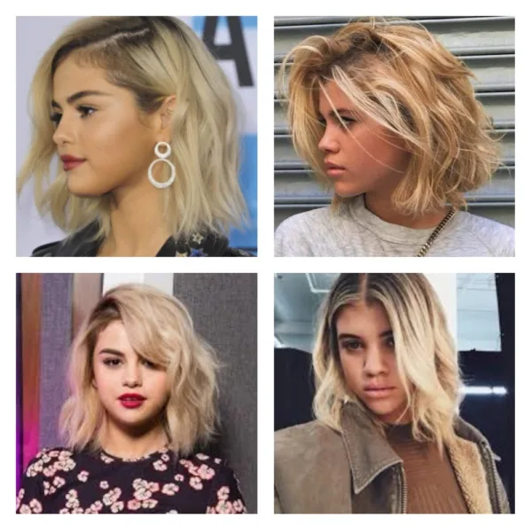 Κολάζ με φωτογραφίες της Selena Gomez και της Sofia Richie με ξανθά καρέ μαλλιά.
