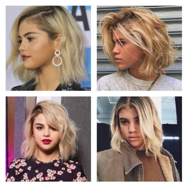 Κολάζ με φωτογραφίες της Selena Gomez και της Sofia Richie με ξανθά καρέ μαλλιά.