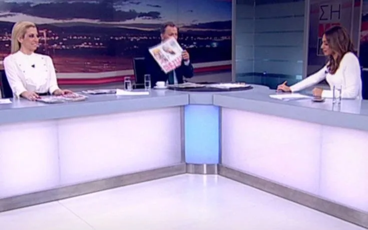 Η Ευρυδίκη Βαλαβάνη σε τηλεοπτικό πλατό ενημερωτικής εκπομπής.