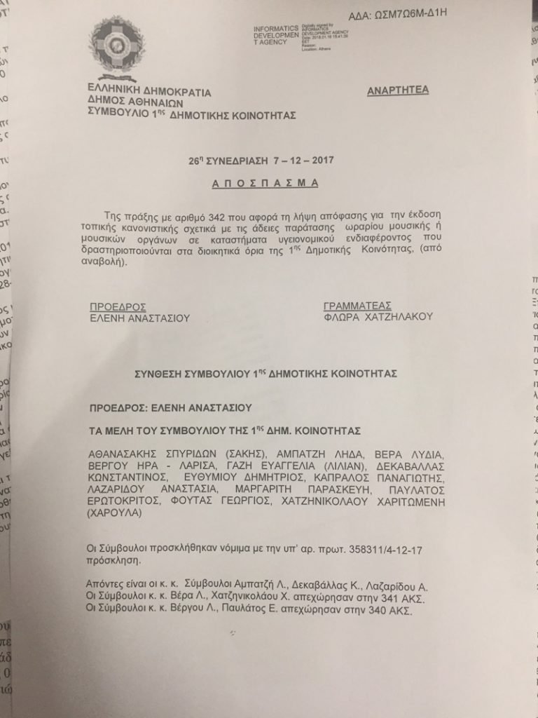 Έγγραφο απόσπασμα της 26ης συνεδρίασης του Συμβουλίου 1ης Δημοτικής Κοινότητας του Δήμου Αθηναίων.
