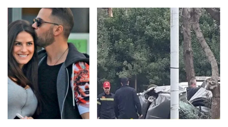 Ο Ηλίας Βρεττός με γυναίκα και πλάνο από το σημείο του τροχαίου ατυχήματος.