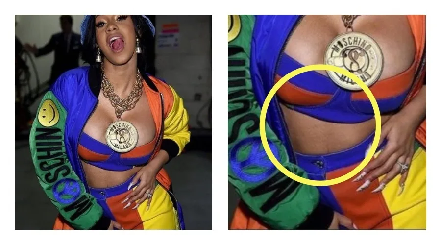 Η Cardi B με πολύχρωμο σύνολο Moschino και χρυσό κολιέ.