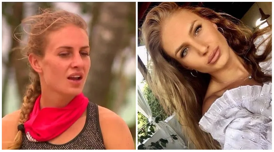Κολάζ με δύο φωτογραφίες παίκτριας του Survivor 2, μία από το παιχνίδι και μία από το Instagram.