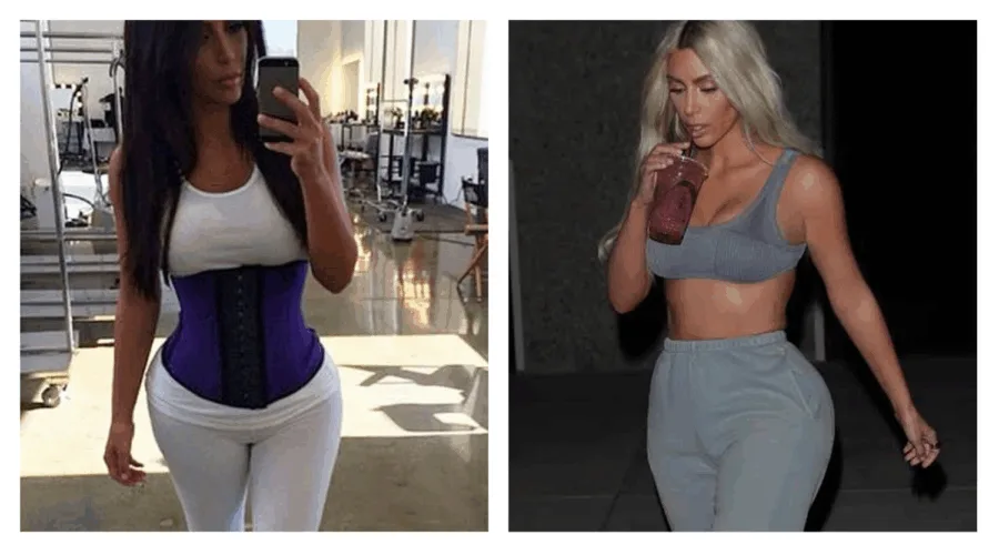 Η Kim Kardashian σε δύο διαφορετικές φωτογραφίες που αναδεικνύουν τη μέση της.