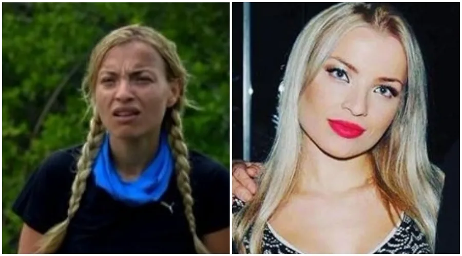 Κολάζ με δύο φωτογραφίες μιας παίκτριας του Survivor 2, μία από το παιχνίδι και μία από το Instagram.