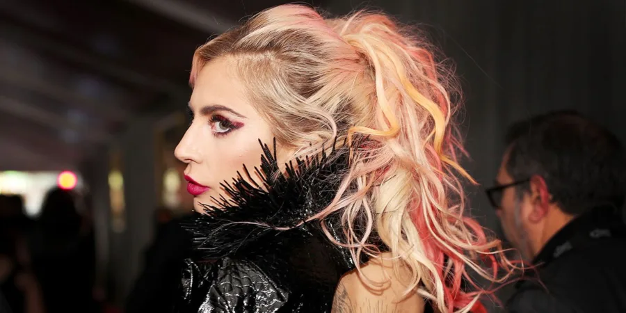 Προφίλ της Lady Gaga με ξανθά και ροζ μαλλιά και μαύρο φτερωτό ρούχο.
