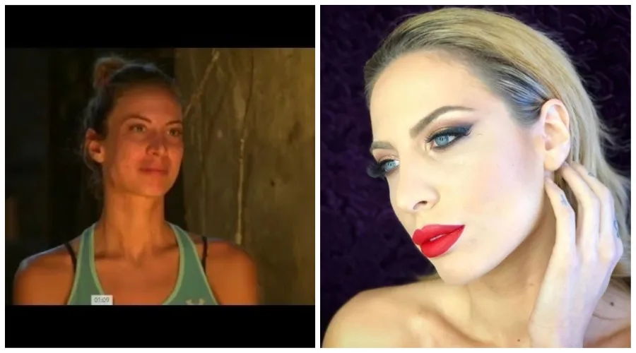 Κολλάζ με δύο φωτογραφίες παίκτριας του Survivor 2, μία από το παιχνίδι και μία από το Instagram.