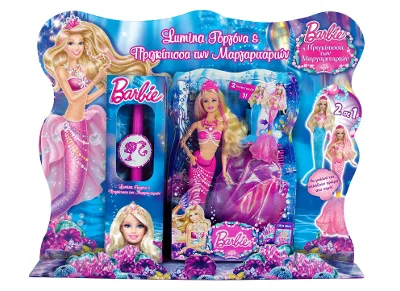 Συσκευασία δώρου με κούκλα Barbie γοργόνα και λαμπάδα.