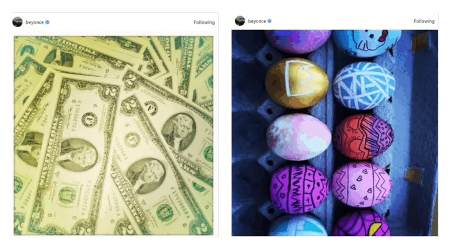 Δύο παλιές αναρτήσεις της Beyonce στο Instagram με χαρτονομίσματα των δύο δολαρίων και πασχαλινά αυγά.