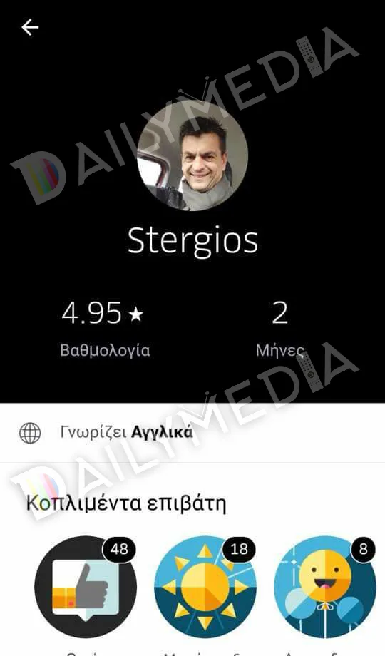 Στιγμιότυπο οθόνης από προφίλ οδηγού σε εφαρμογή με τη φωτογραφία του Στέργιου Νένε.