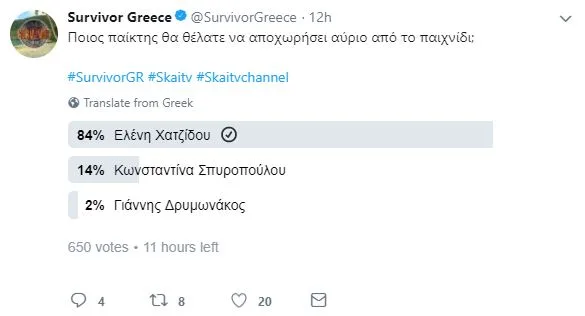 Poll στο Twitter για το Survivor 2 με τα ονόματα Ελένη Χατζίδου, Κωνσταντίνα Σπυροπούλου και Γιάννης Δρυμωνάκος.