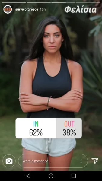Παίκτρια του Survivor Greece σε στιγμιότυπο από Instagram story με γκάλοπ αποχώρησης.