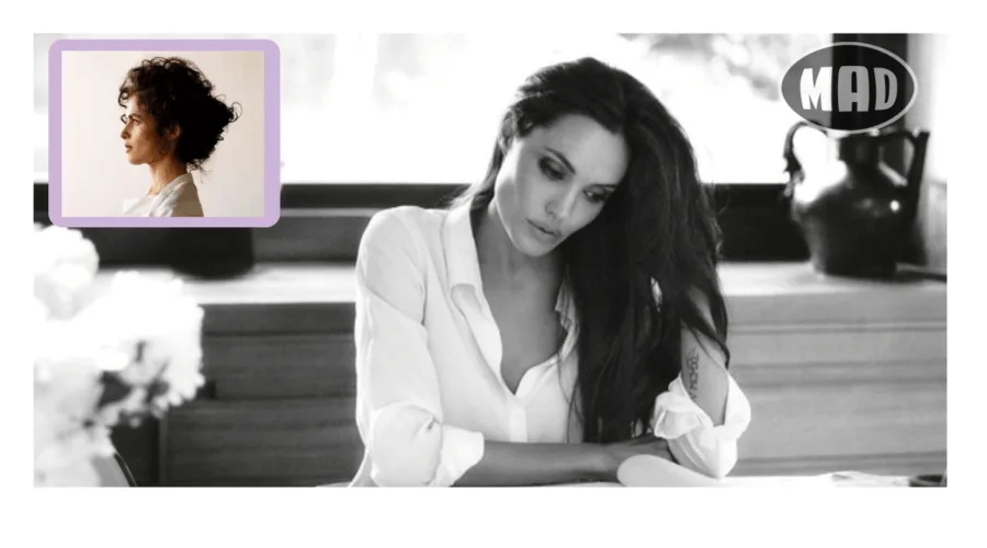 Η Angelina Jolie σε ασπρόμαυρο φόντο και η Neri Oxman σε ένθετη φωτογραφία.