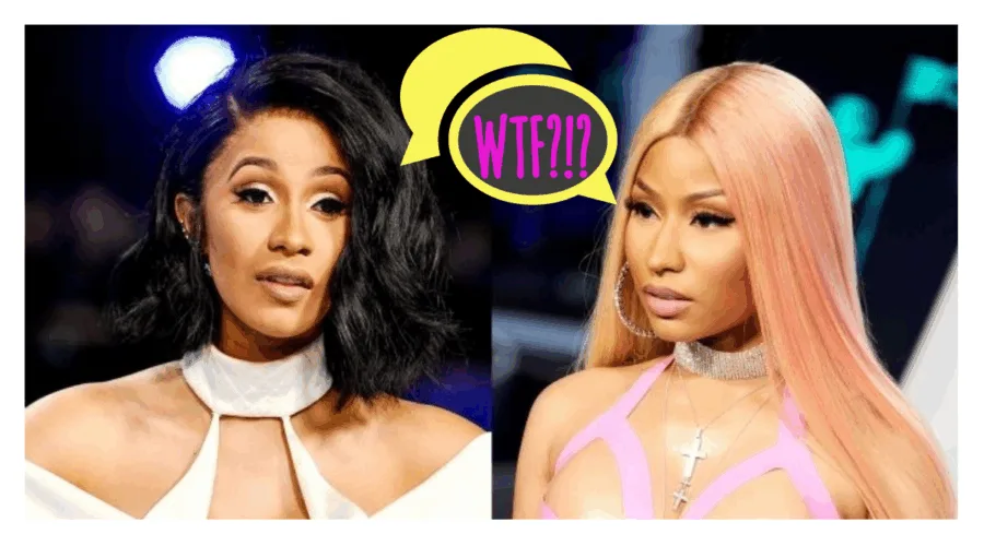 Η Cardi B και η Nicki Minaj σε κολλάζ με συννεφάκι κειμένου WTF.