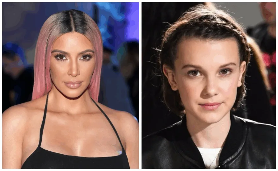 Η Kim Kardashian και η Millie Bobby Brown σε κολλάζ φωτογραφιών.