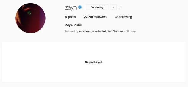 Στιγμιότυπο οθόνης από το προφίλ του Zayn Malik στο Instagram χωρίς δημοσιεύσεις.
